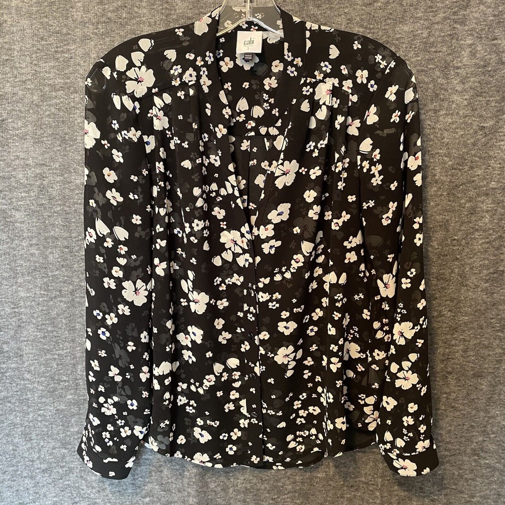 CAbi Delight Blouse Womens Small Black White Floral Button Front Sheer Top 6079